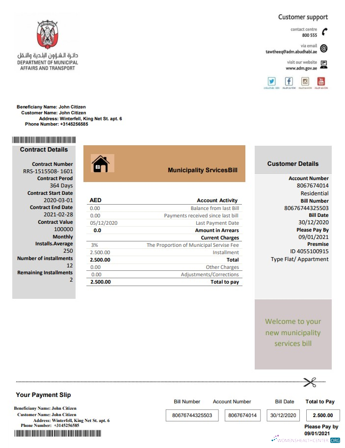 United Arab Emirates Abu Dhabi Municipality Service utility bill template in Word and PDF format